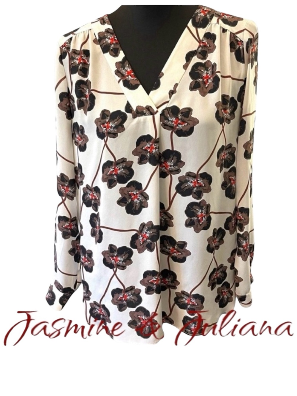 Jasmine & Juliana White/Black/Brown/Red Floral Print V Neck Blouse Top (M)